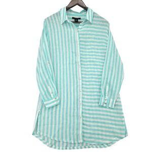 Tahari Linen Blend Tunic Shirt M Teal White Stripe Button‎ Front Long Sleeve EUC